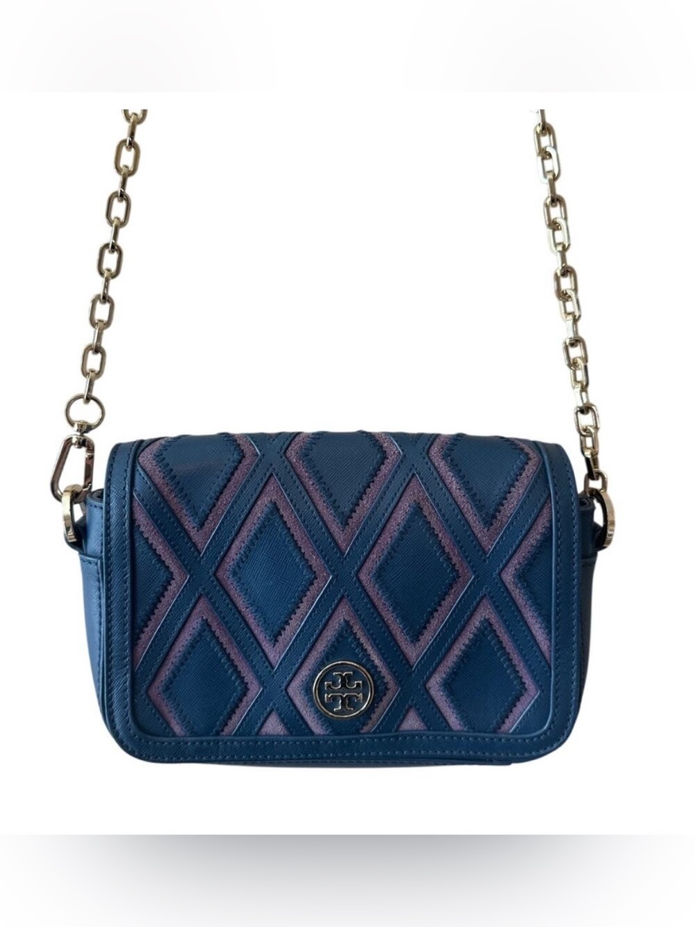 Tory Burch Robinson Patchwork Chain Crossbody Blue Leather Purple Suede